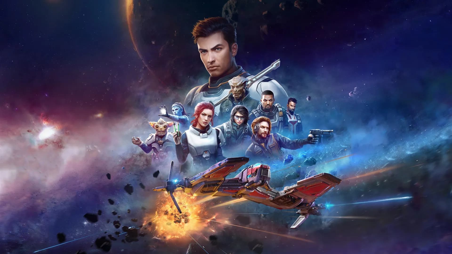 Arte de divulgação de EVERSPACE 2, com naves em combate espacial