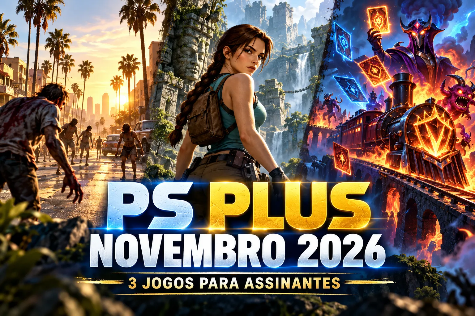 Capa ilustrativa gerada por IA com zumbis em Los Angeles, uma aventureira em ruínas e um trem fantástico, com o texto PS Plus Novembro 2026 — 3 jogos para assinantes.