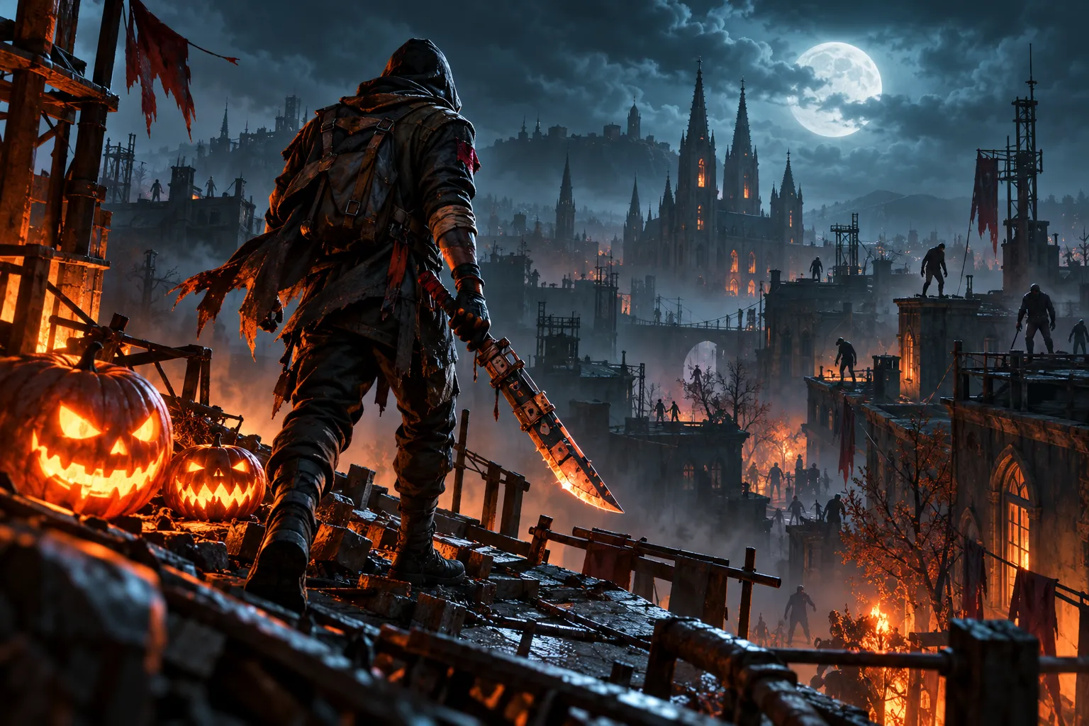Ilustração gerada por IA de um sobrevivente com uma lâmina em telhados de uma cidade em ruínas, com abóboras iluminadas e atmosfera de Halloween.